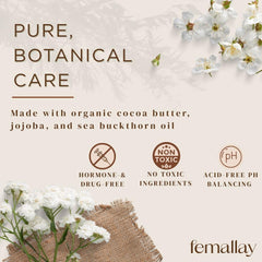 Femallay organic oils blend image with cocoa butter and jojoba for delicate tissue comfort.