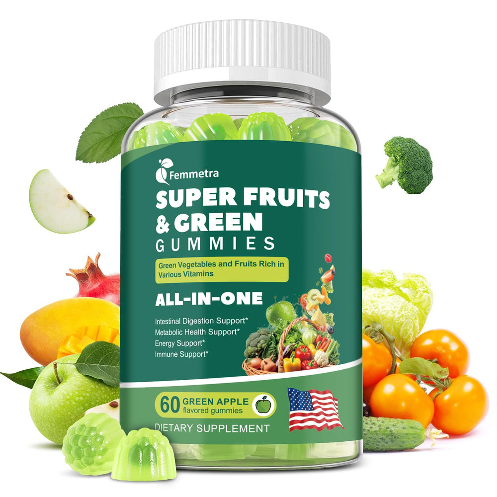 Femmetra 61-in-1 Supergreens gummies bottle for daily nutrition and convenience