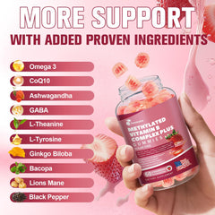 Ashwagandha-Omega3 blend gummies in packaging for wellness visuals.