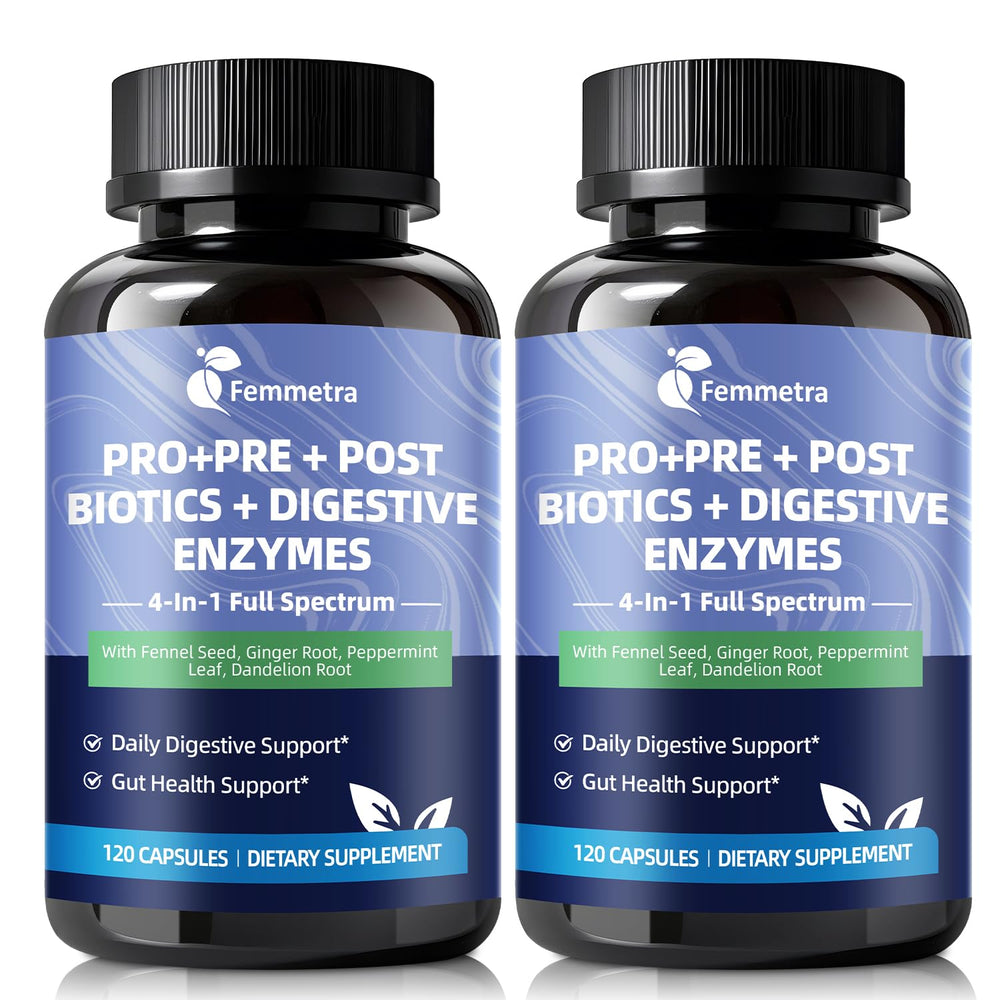 Femmetra digestive enzymes bottle showing daily gut support.