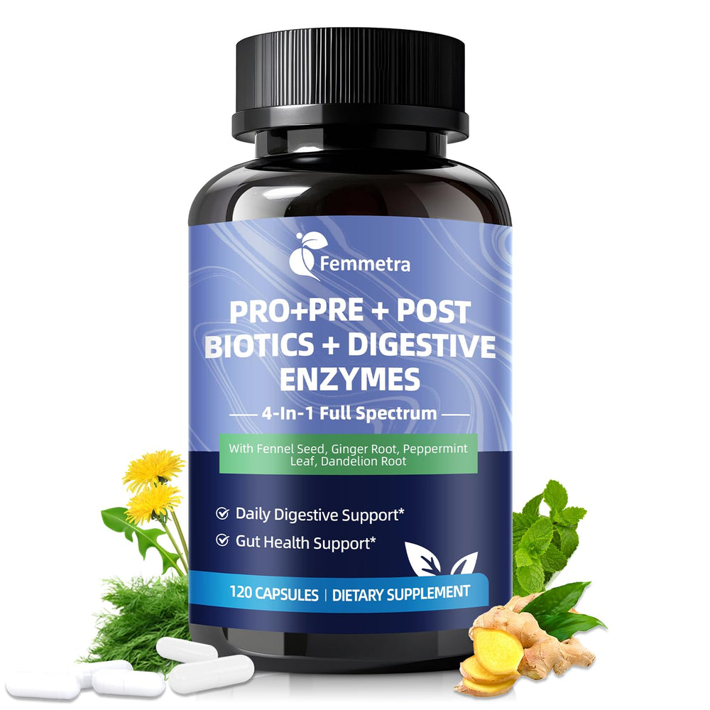 Femmetra digestive enzymes bottle front shows the 4-in-1 formula for daily comfort