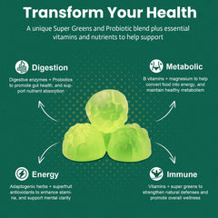 Close-up of 11 greens and 6 enzymes highlighting gut health