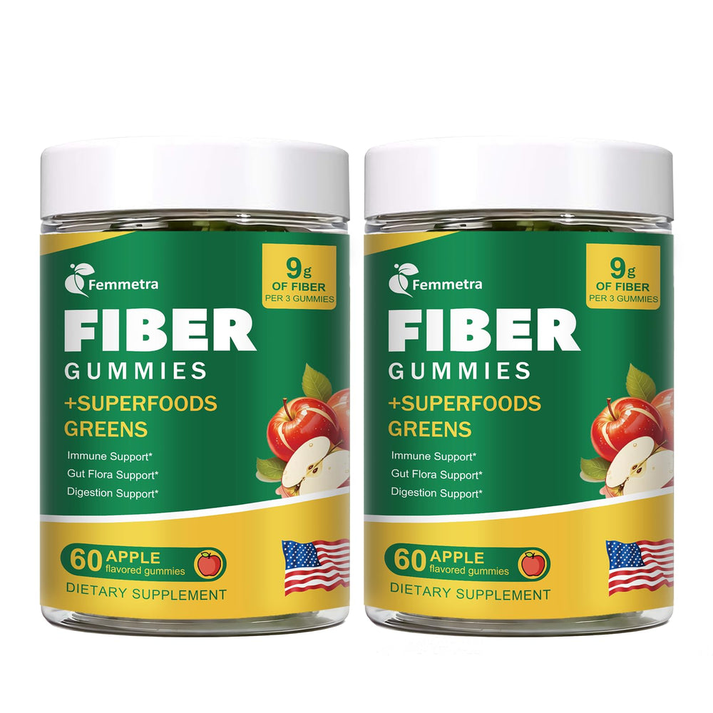 Gomitas Femmetra de fibra prebiótica con sabor manzana para apoyo digestivo diario.