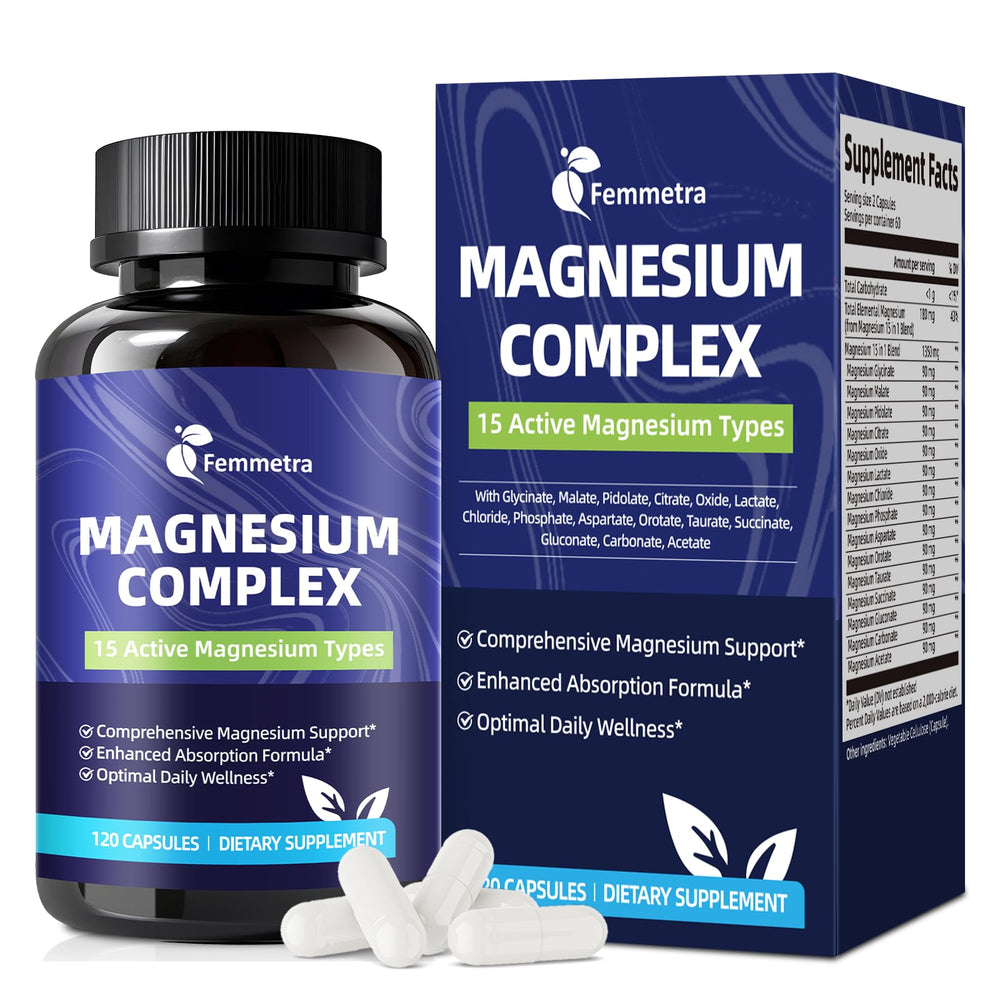 Femmetra Magnesium Complex bottle displays the 1350mg formula for daily vitality.
