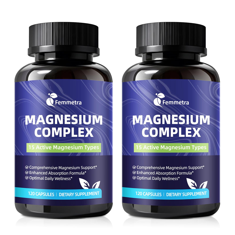 Femmetra Magnesium Complex bottle pour supports daily relaxation and energy.