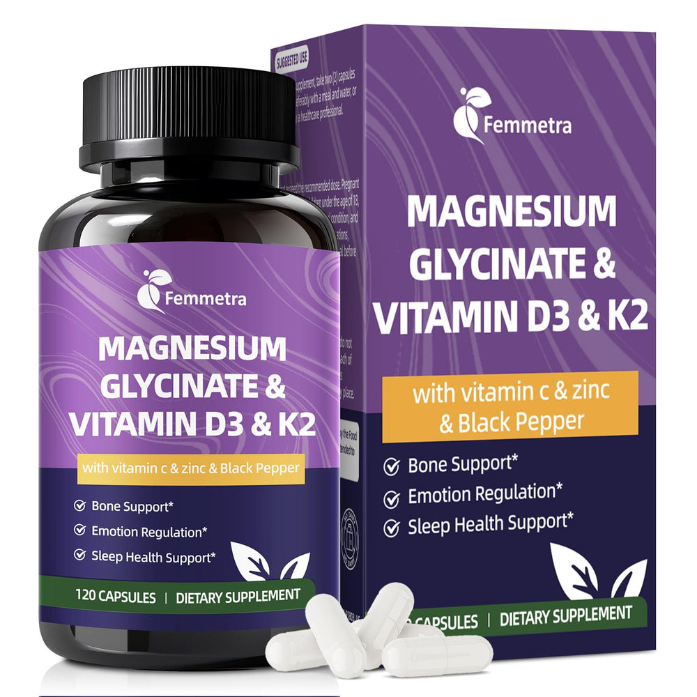 Femmetra magnesium glycinate bottle front; 600mg daily bone support.