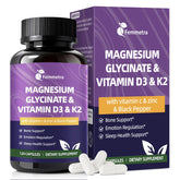 Femmetra magnesium glycinate bottle front; 600mg daily bone support.