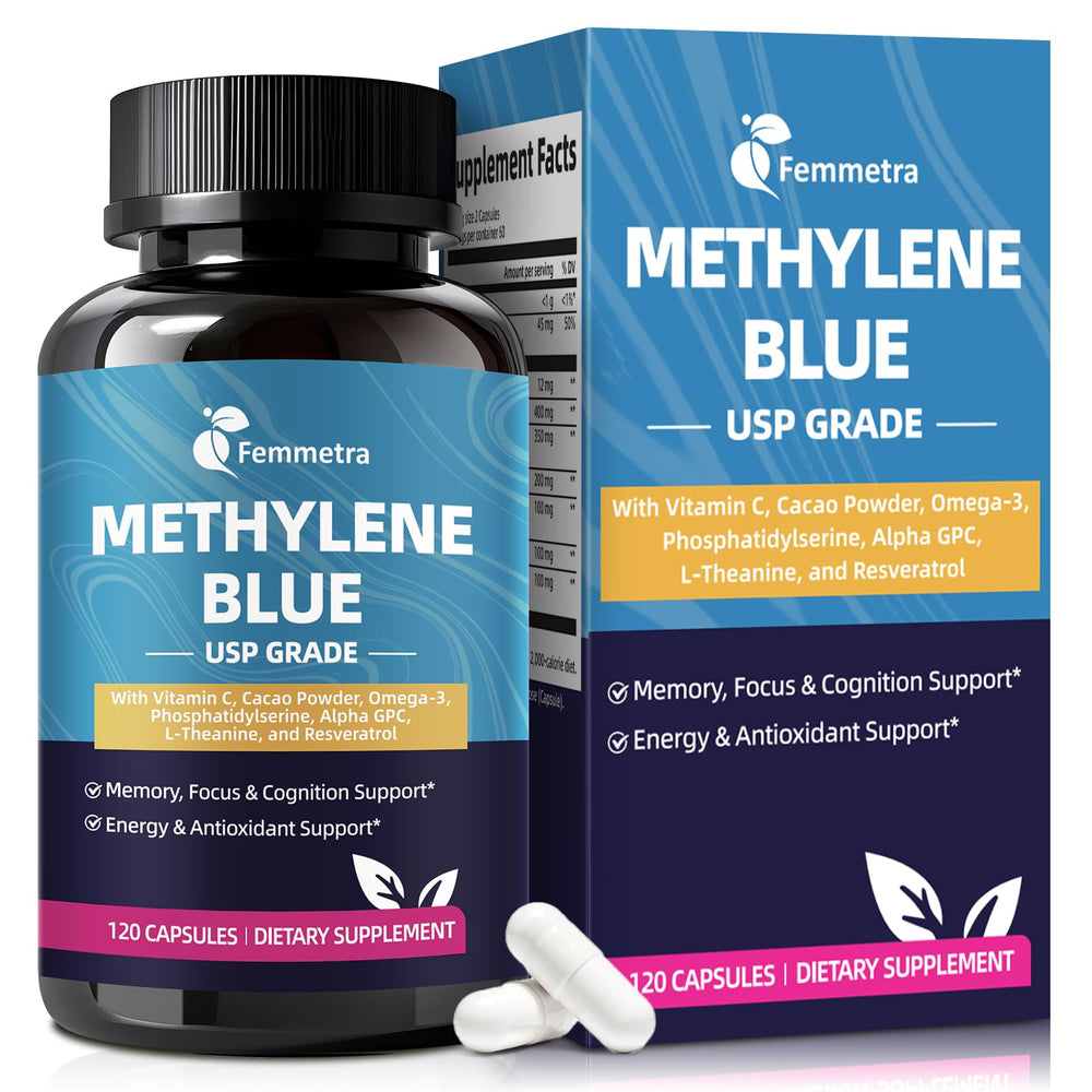 Femmetra methylene blue capsules bottle front, highlighting cognitive support