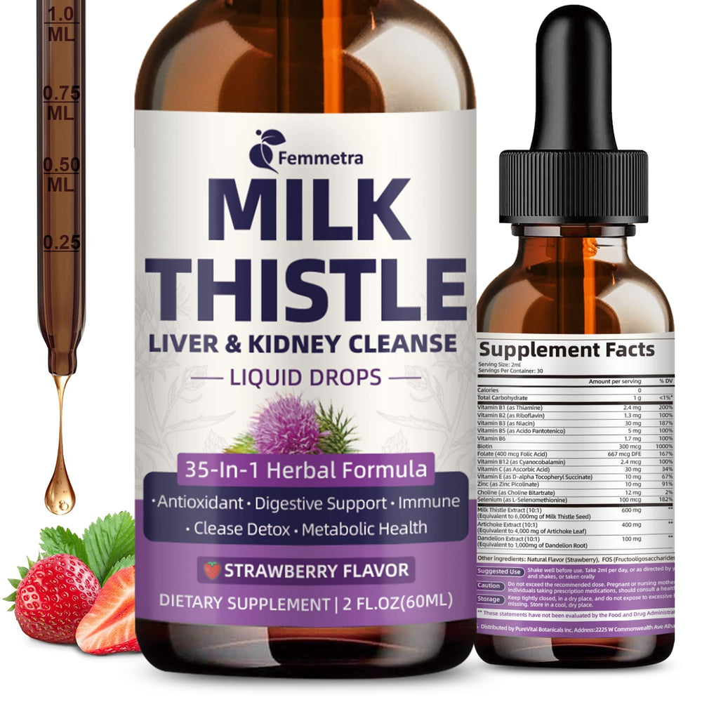 Femmetra Milk Thistle Drops bottle for liver support and detox daily use