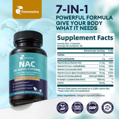 Femmetra NAC with CoQ10 and vitamins highlighting antioxidant support for heart and nerves