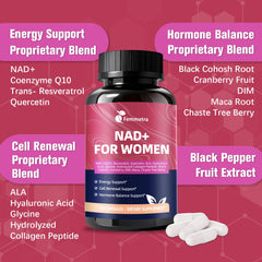 Femmetra NAD+ with CoQ10 supports mitochondrial energy metabolism.