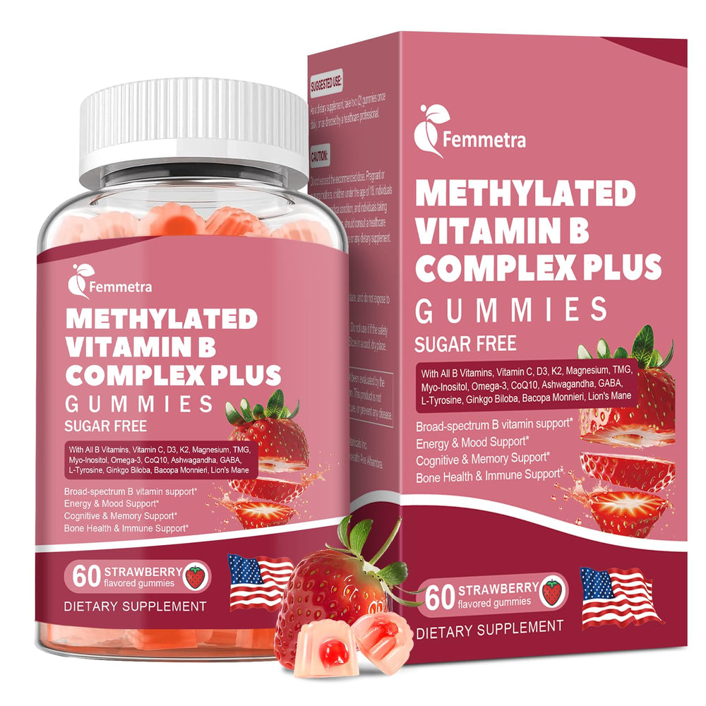 Femmetra Ultra B Complex gummies bottle with clear label showing daily energy support.