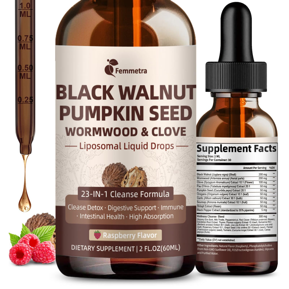 Femmetra wormwood-black walnut-clove cleanse drops bottle with label for digestive support