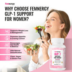 Femnergy GLP-1 capsules closeup highlighting probiotic formula and prebiotic fiber.