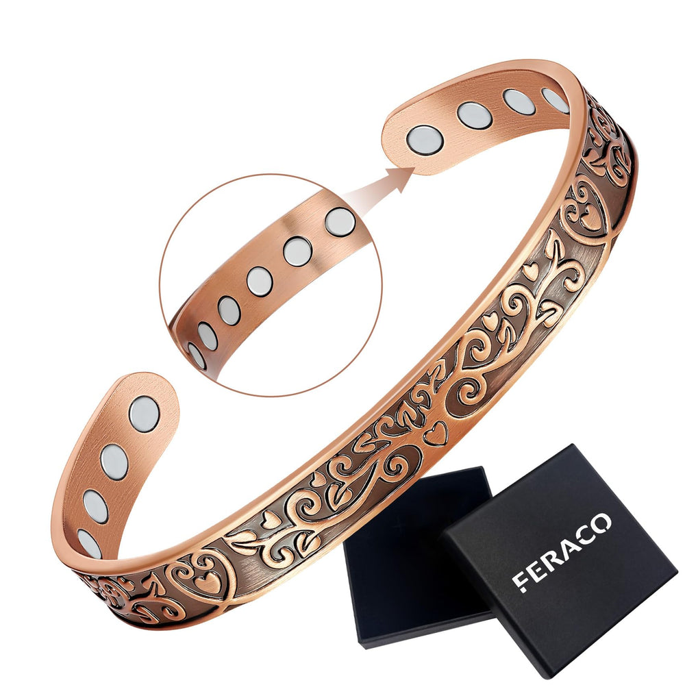 Feraco copper bracelet close-up showing Love and Honor tree-heart motif for everyday elegance