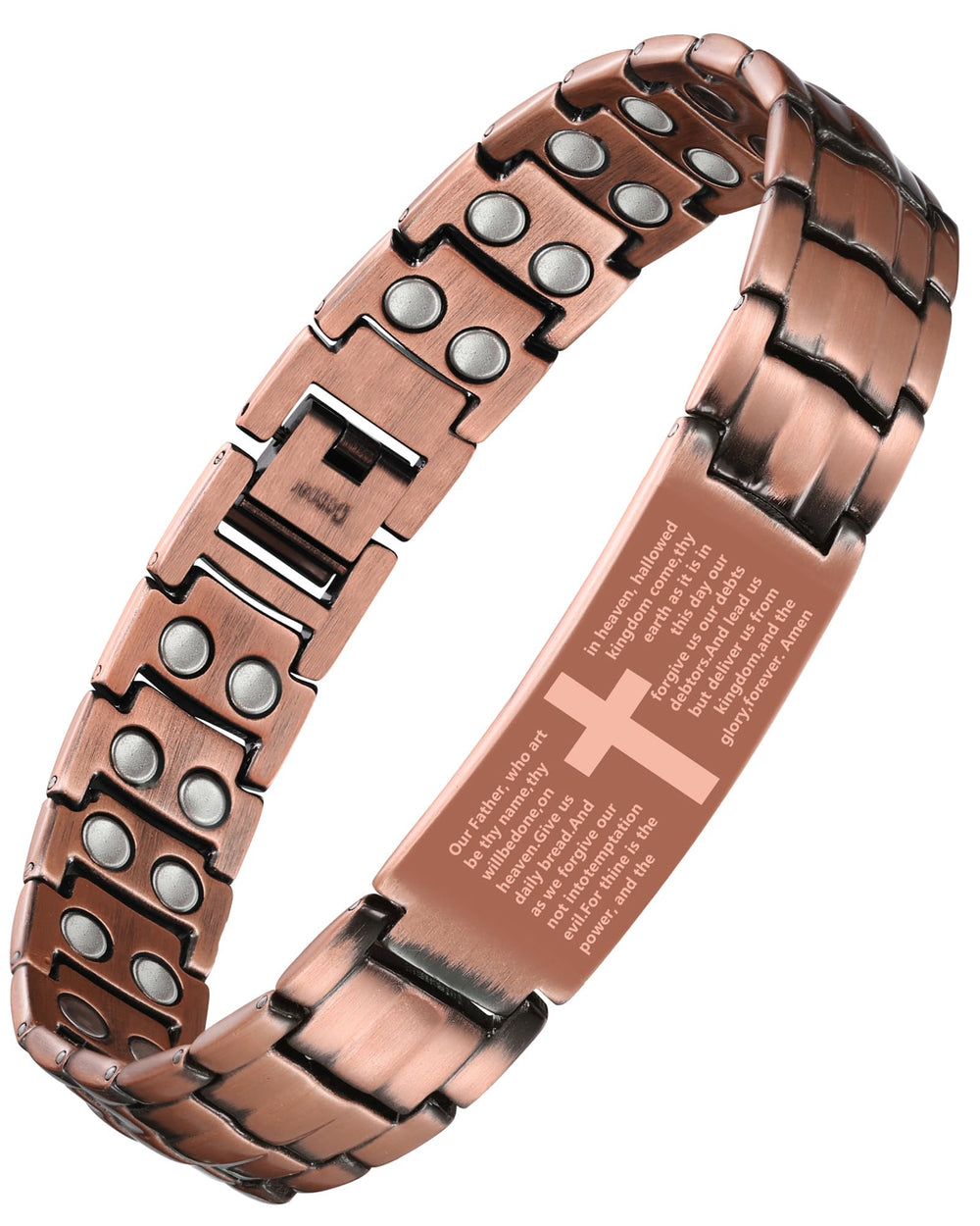 Feraco copper cross bracelet front view highlights magnets and cross motif for balanced wear