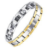 Feraco men's magnetic bracelet close-up showing hypoallergenic titanium steel construction.
