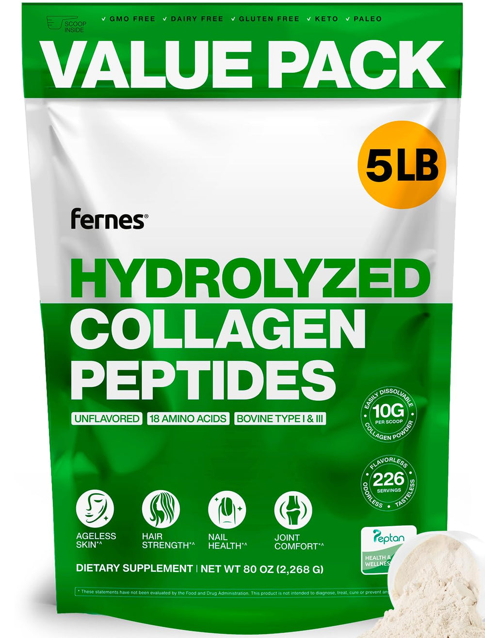 Fernes Collagen powder tub front view highlighting skin and joint support.