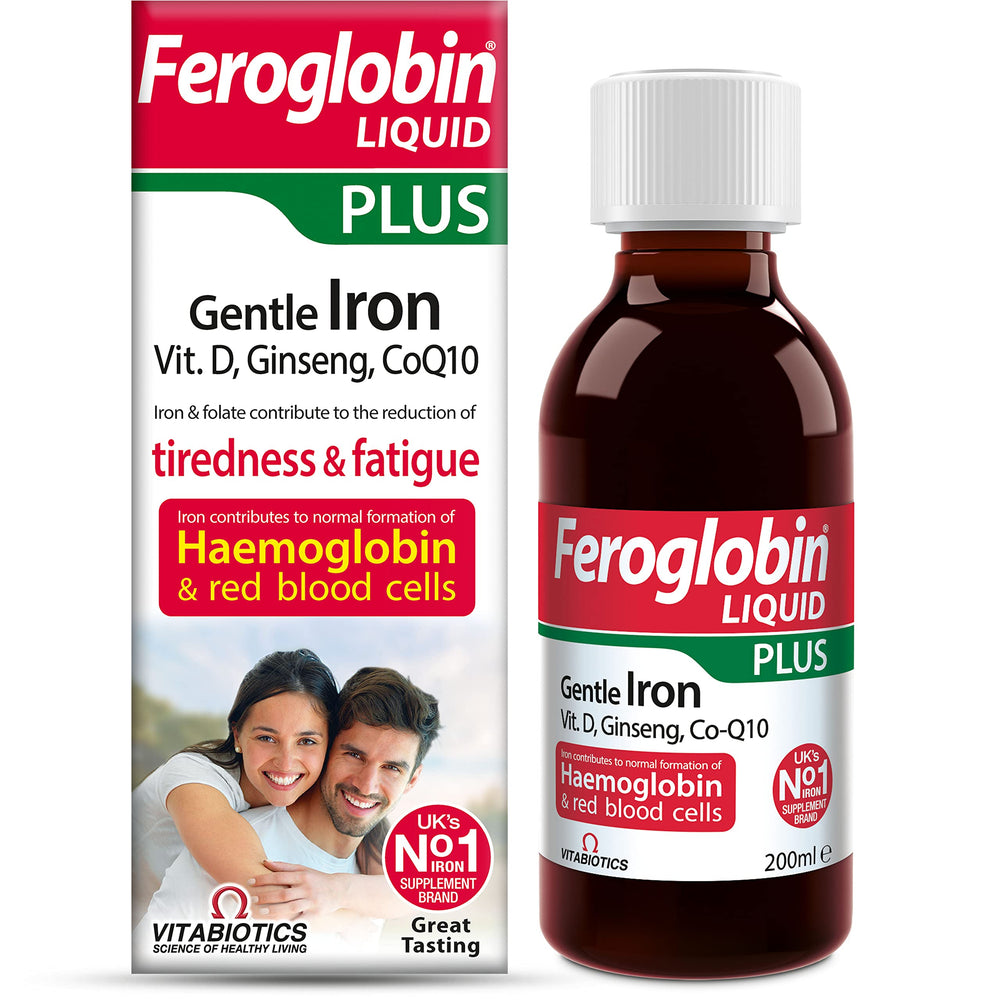 Feroglobin Plus Liquid bottle highlighting iron-rich formula with Co-Q10 and honey flavor
