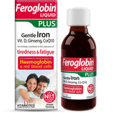 Feroglobin Plus Liquid bottle highlighting iron-rich formula with Co-Q10 and honey flavor