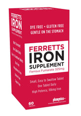 Ferretts iron tablets bottle label close-up, high-potency iron detail for energy support