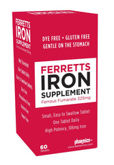Ferretts iron tablets bottle label close-up, high-potency iron detail for energy support
