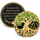 Ferreve sobriety coin in green with 1-year design, a daily motivational reminder.