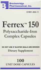 FERREX-150 capsules bottle front showing 100-dose packaging for easy daily use