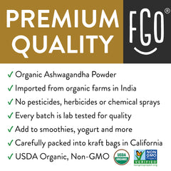 FGO Organic Ashwagandha powder with USDA Organic and Non-GMO seals.