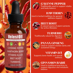 Fibosara Veleststoff hawthorn beetroot turmeric ingredients highlight a circulatory support blend.