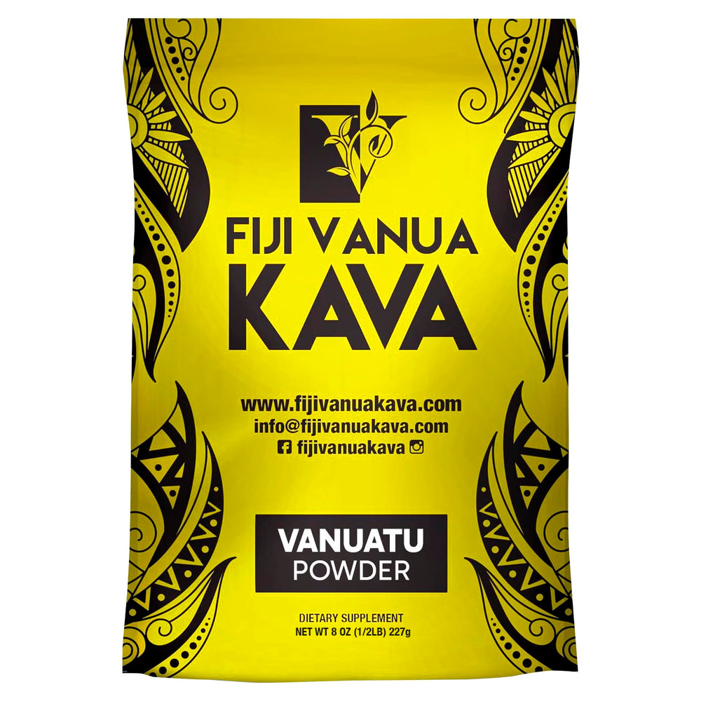 Fiji Vanua Kava Vanuatu powder bottle showcases premium kava for at-home relaxation