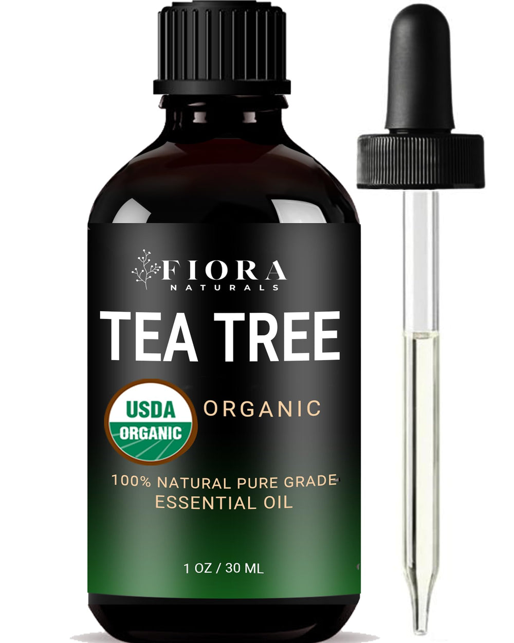Fiora Naturals Tea Tree Oil bottle close-up for pure skincare and aromatherapy.