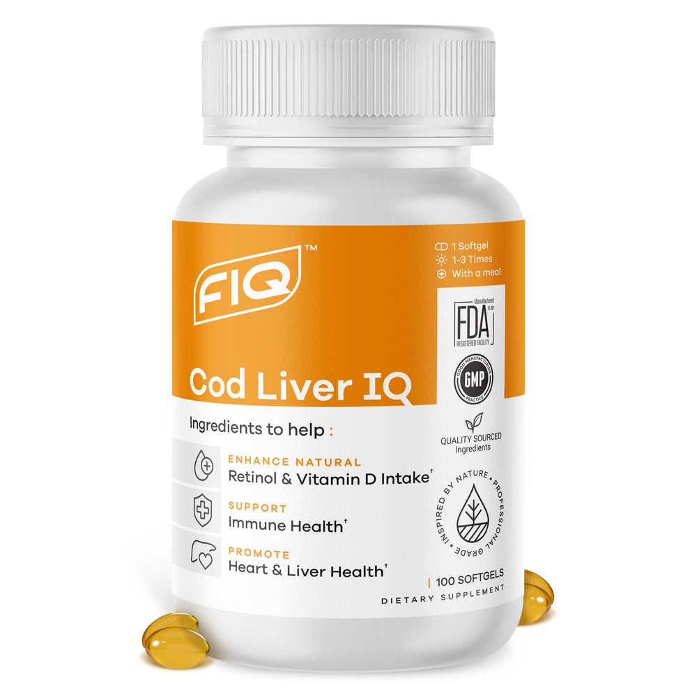 FIQ Cod Liver IQ softgels bottle showing easy-to-swallow capsules for daily omega-3 support