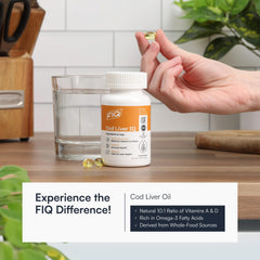 FIQ Cod Liver IQ softgels dispensing image illustrating simple daily intake with meals