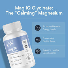 FIQ Mag IQ Glycinate capsules close-up highlighting gentle digestion benefits.