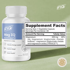 FIQ Mag IQ Glycinate label close-up featuring TRAACS formulation.