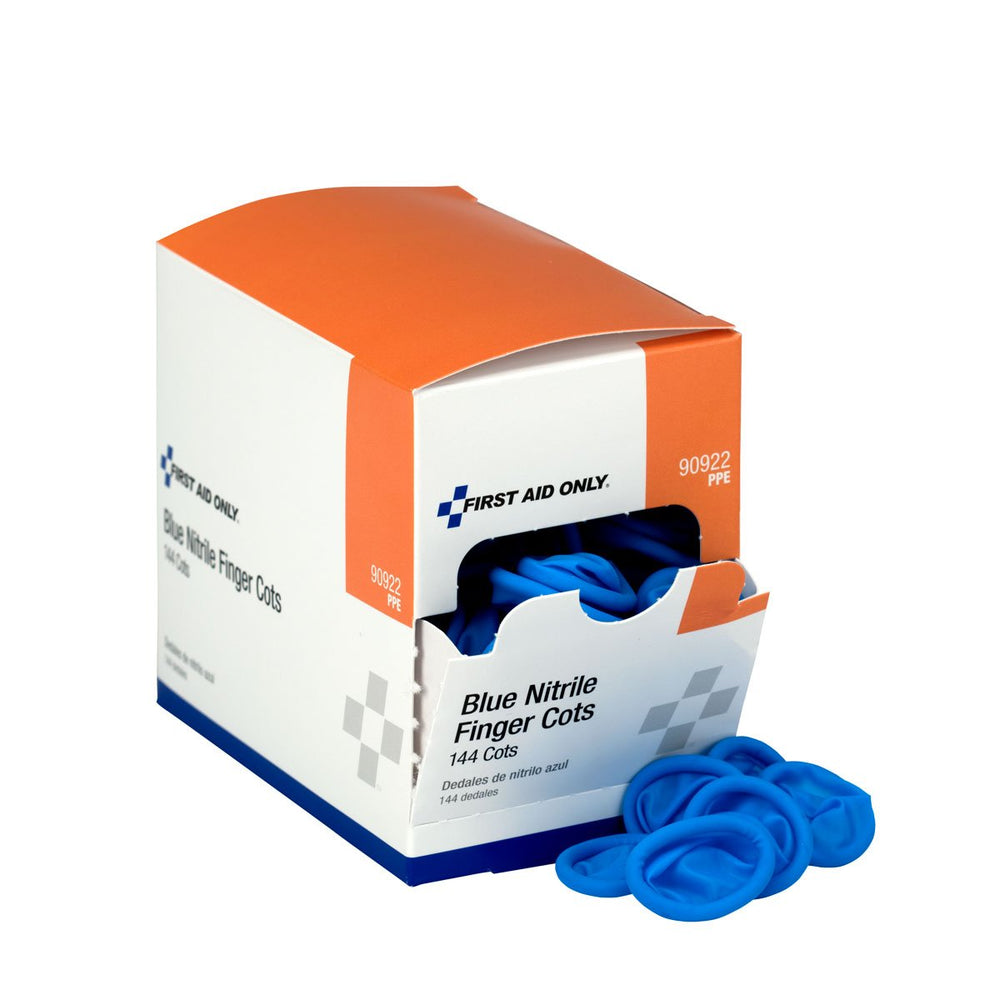 First Aid Only 90922 blue nitrile finger cots pack protecting minor wounds.