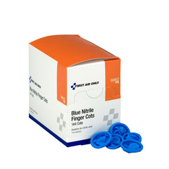 First Aid Only blue nitrile finger cots closeup for clean, quick wound care.
