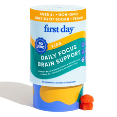 FIRST DAY Kids Focus bottle label close-up highlighting Cognizin Citicoline and PS.
