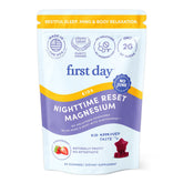 FIRST DAY Kids Magnesium Citrate Gummies bottle label highlights a trusted bedtime supplement for calm nights