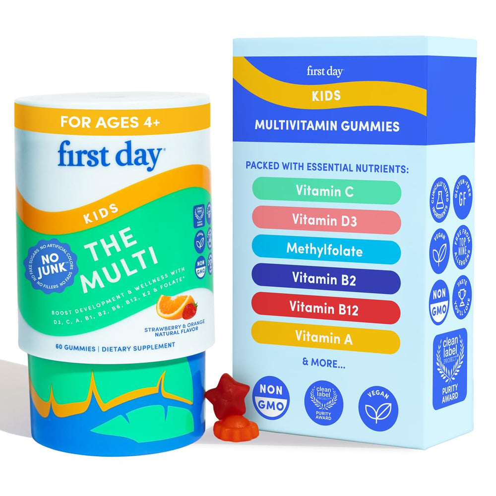 First Day Kids Multivitamin Gummies bottle close-up for daily nutritional support.