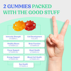 First Day Kids Multivitamin Gummies child taking a gummy for easy daily wellness.