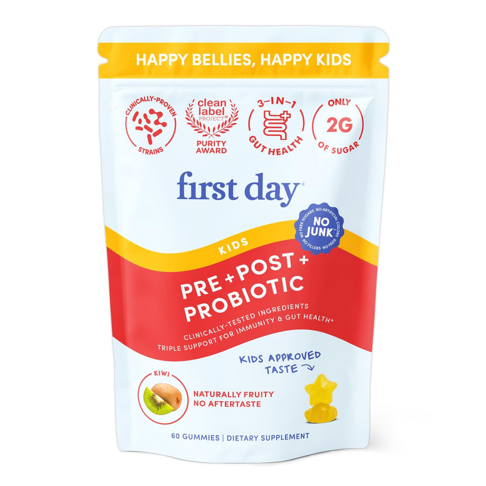 First Day Kids Probiotic Gummies bottle with kiwi flavor for gut balance.