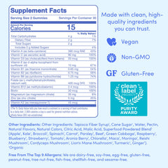 Organic fruit and veggie blend highlights natural ingredients supporting vitality.
