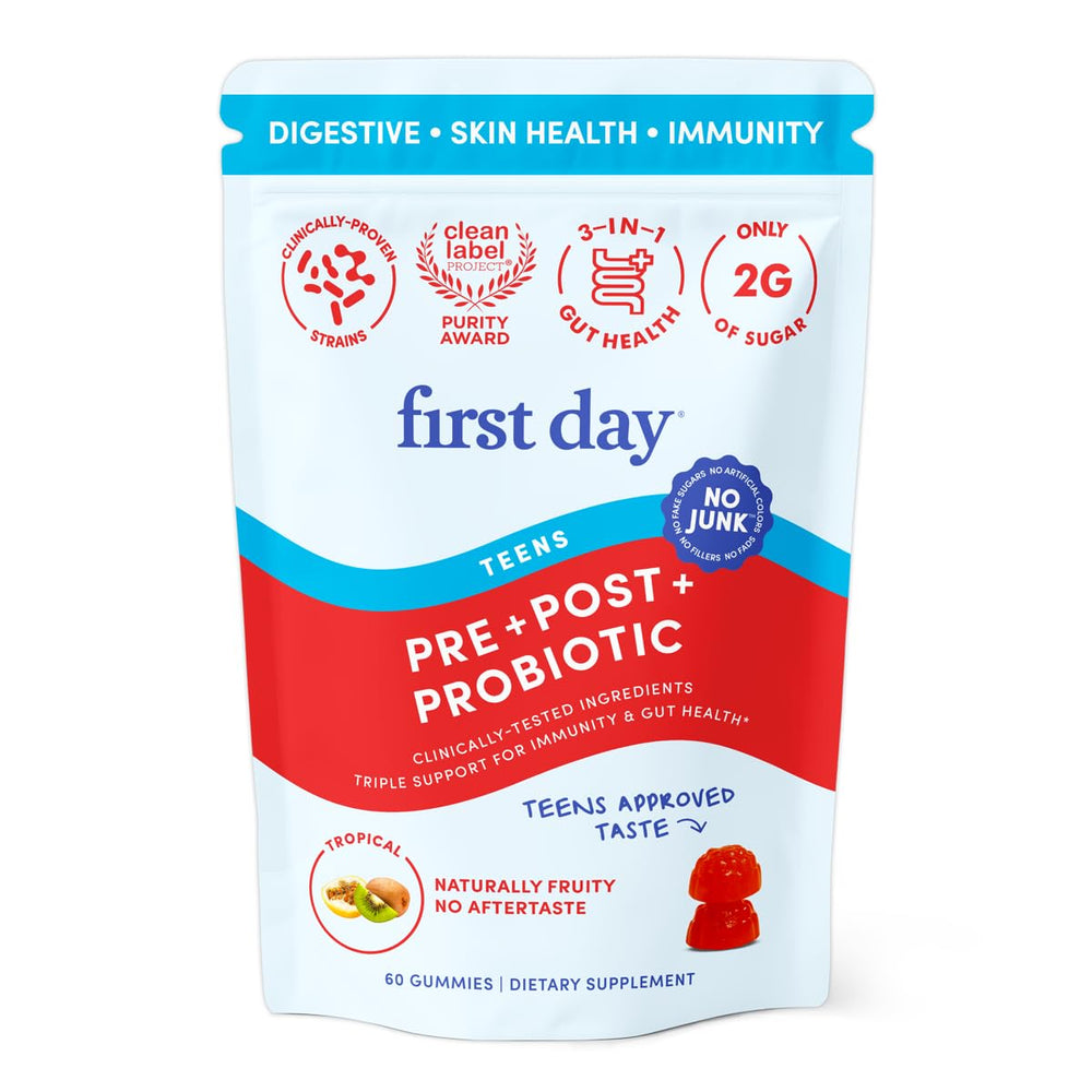 FIRST DAY Gut Sustainer Gummies bottle front shows braces-friendly chew.