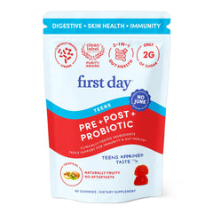 FIRST DAY Gut Sustainer Gummies bottle front shows braces-friendly chew.