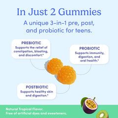 FIRST DAY Teens’ Gut Sustainer Gummies closeup shows chewy texture and teen-friendly taste