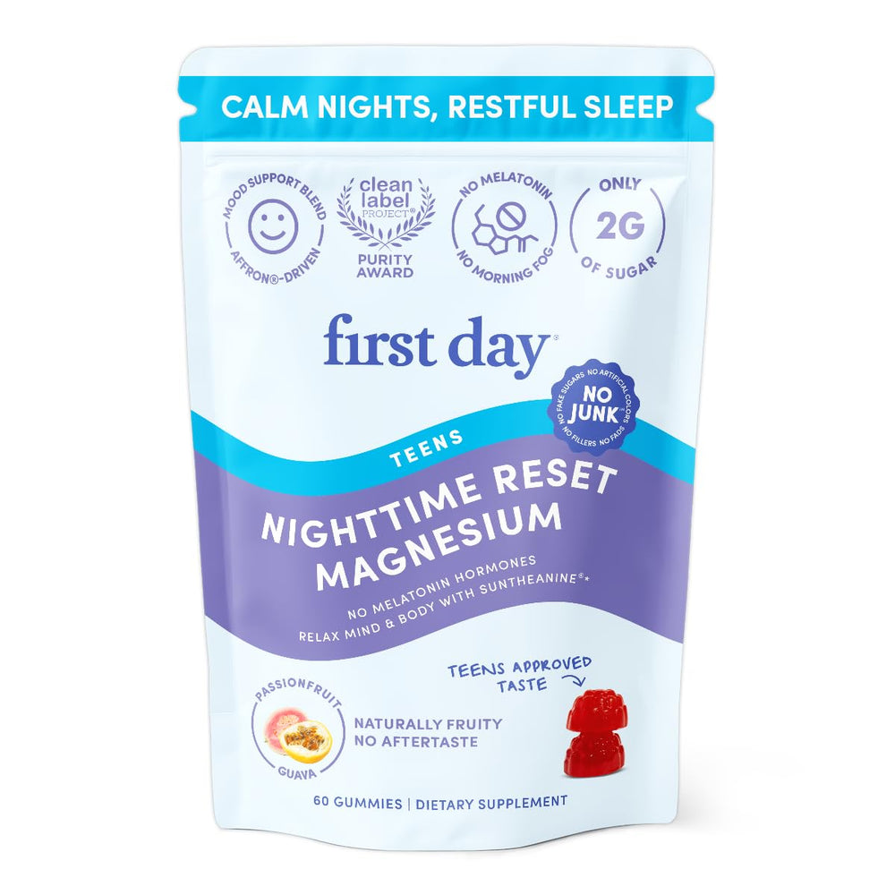First Day Teens' Nighttime Reset bottle front promotes calm evenings and easier bedtime routines.