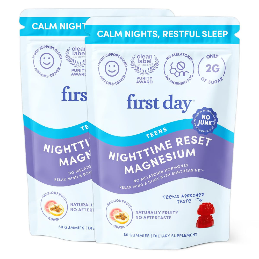 First Day Teens’ Nighttime Reset bottle showing the calming gummy format for sleep support
