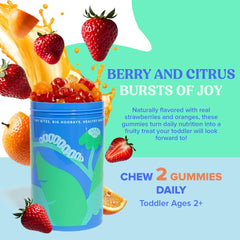 Close-up of First Day bottle label with vitamins and organic superfoods